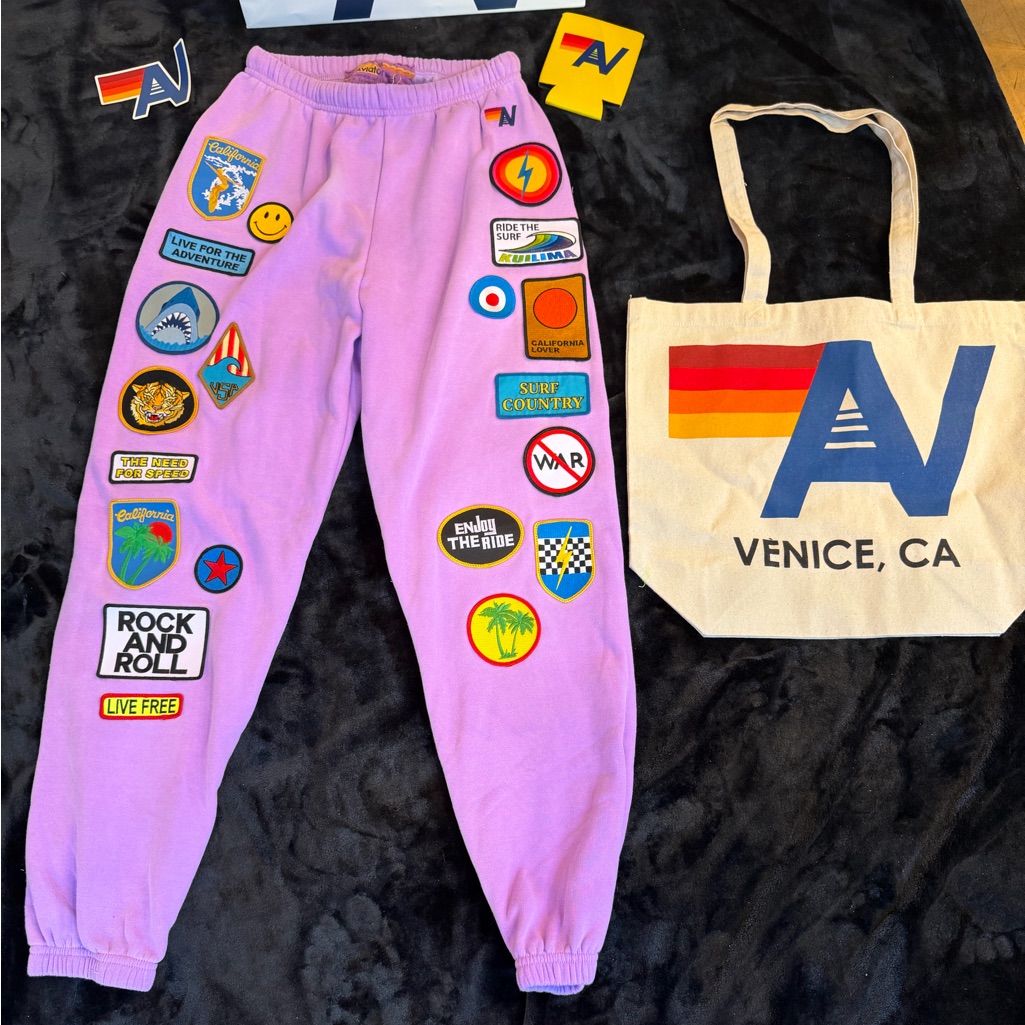Nwt Aviator Nation Vintage Patch Sweatpants In Neon Purple Medium + Tote Bag